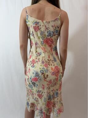 Light Yellow Cream Floral Cowl Neck Ruffle Midi Dress